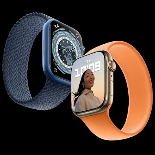 Two Apple Watches with woven and solo loop bands
